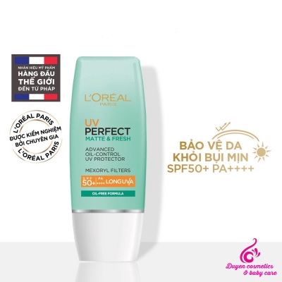 Kem chống nắng L'Oréal Paris kiềm dầu & se mịn lỗ chân lông  UV Perfect Fresh & Matte SPF50+ PA++++ 30ml